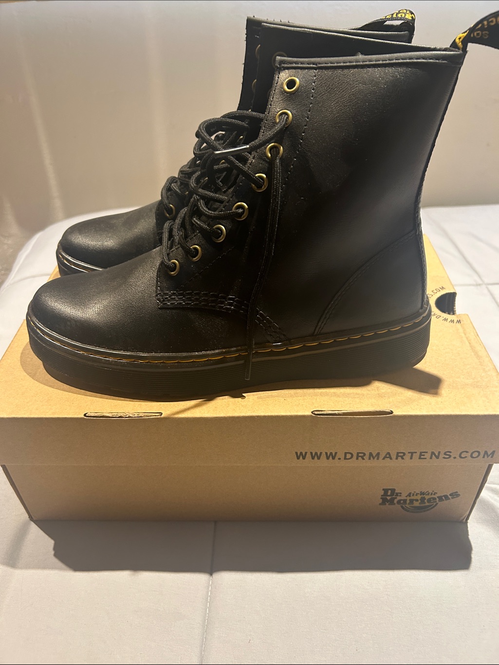 Dr. Martens Black Leather Lace-Up Platform Boots With Yellow Stitching